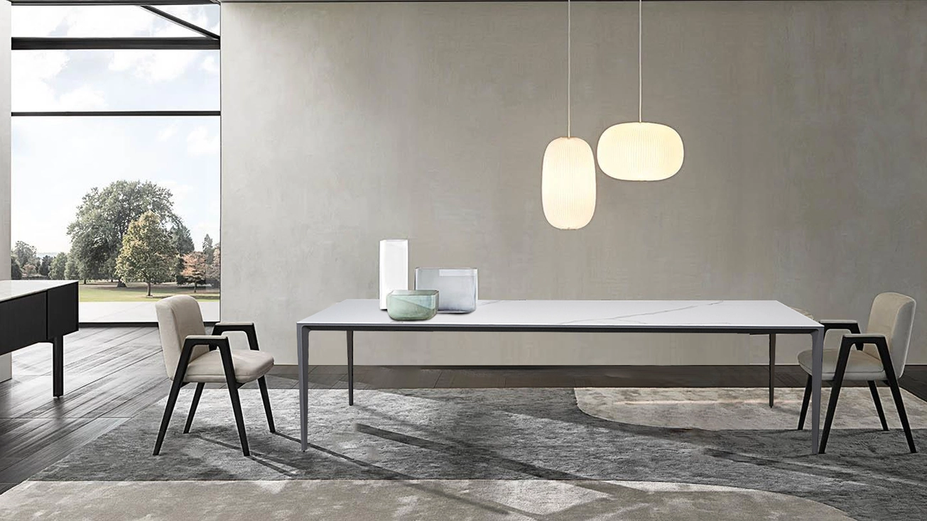 Long Island Minimalist dining table with ceramic table top and aluminum table base