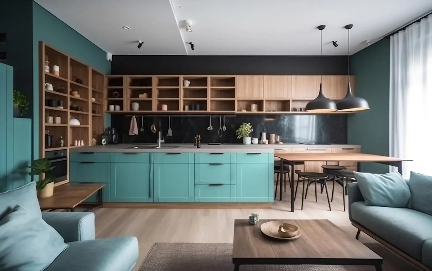 Two-tone kitchen cabinets-blue and solid wood