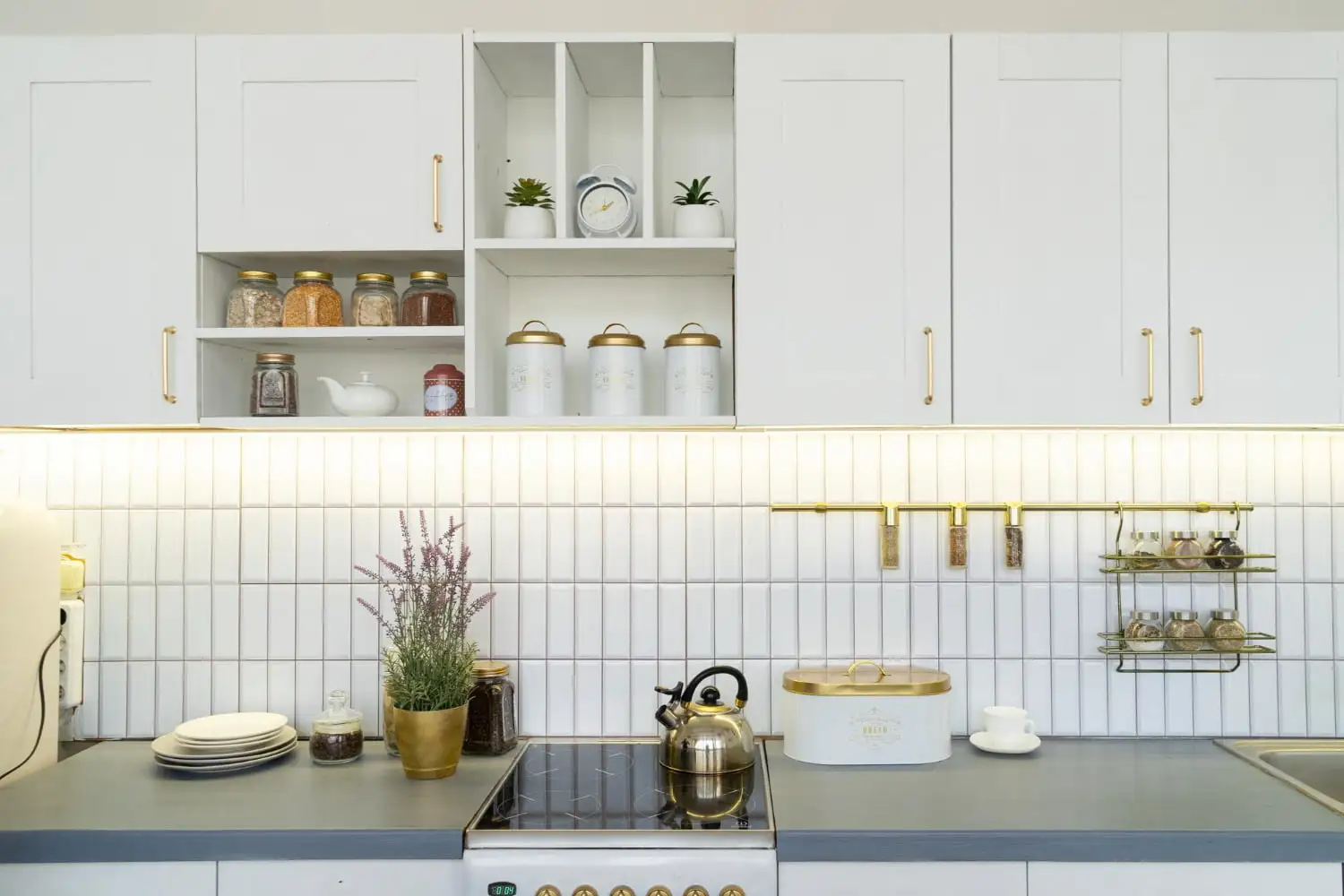 kitchen pantry cabinets with cooking ingredients