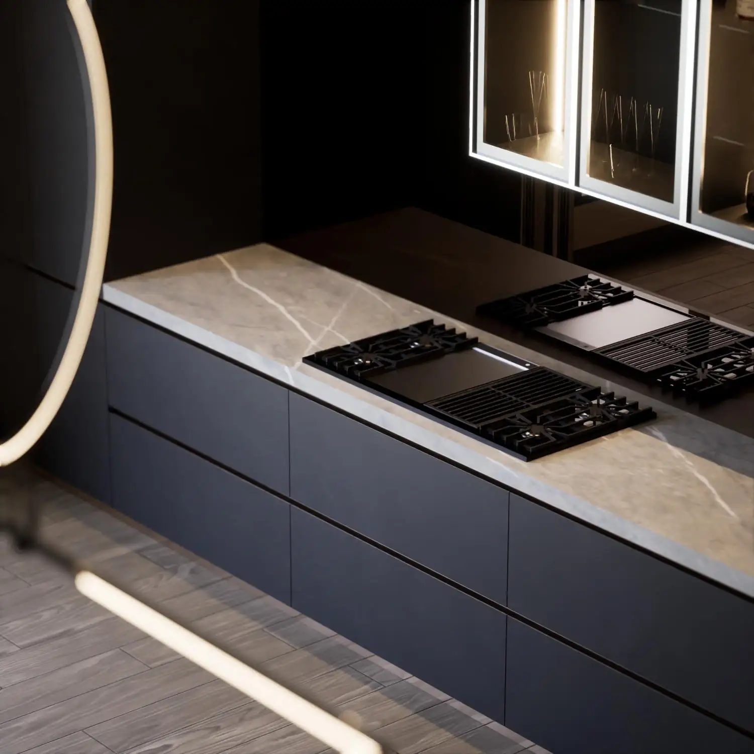 dark kitchen cabinets with glass shields