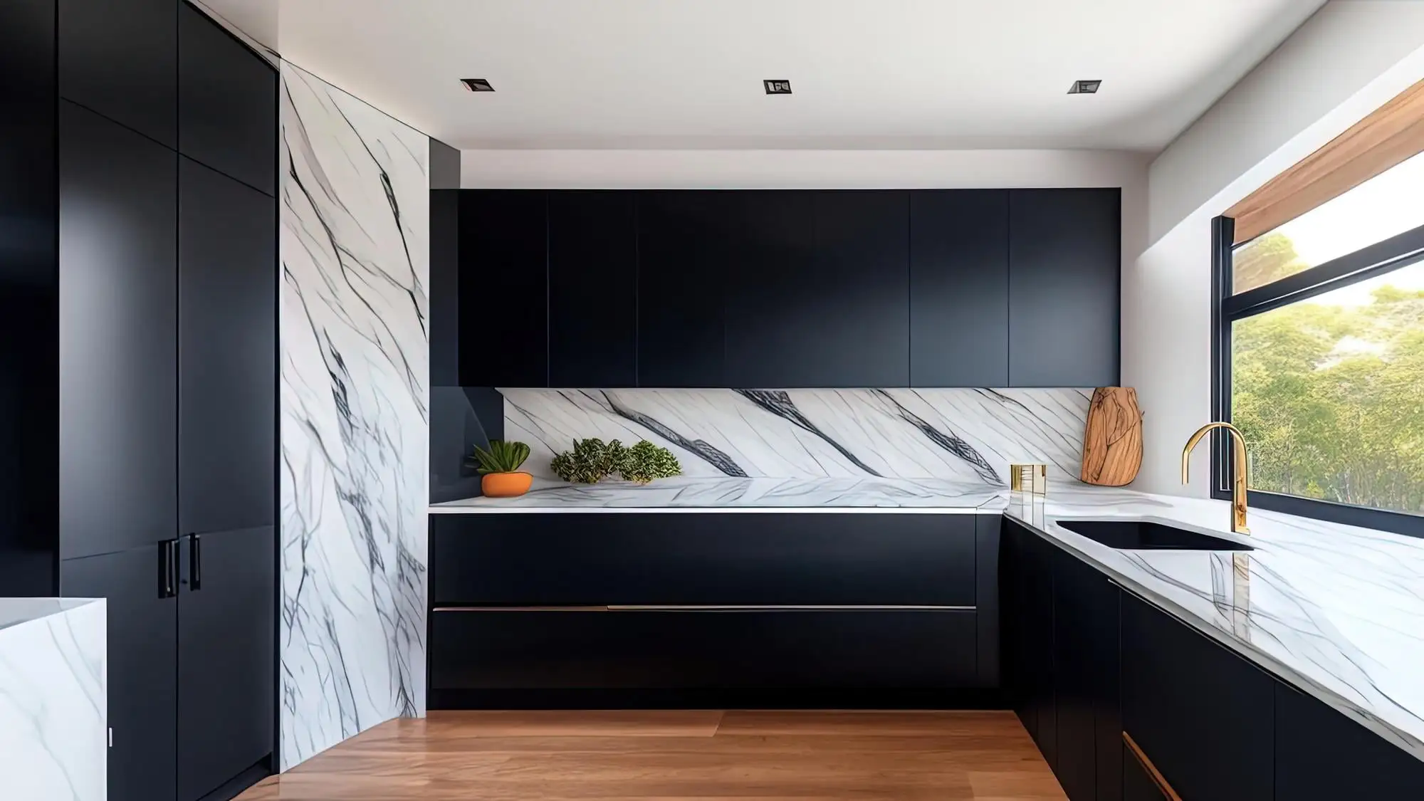 dark kitchen cabinets with white tiles