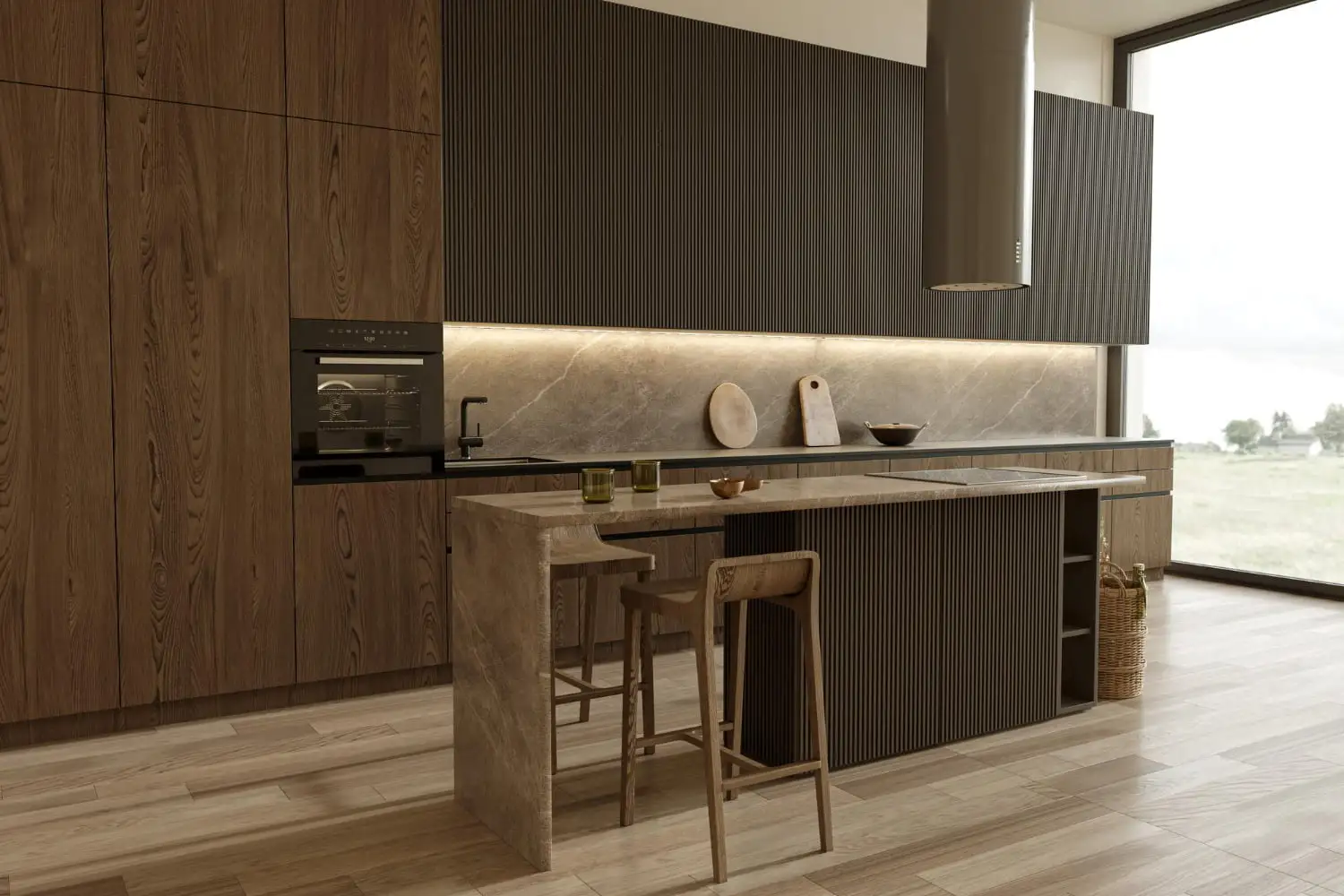dark wooden cabinets with Beige Granite