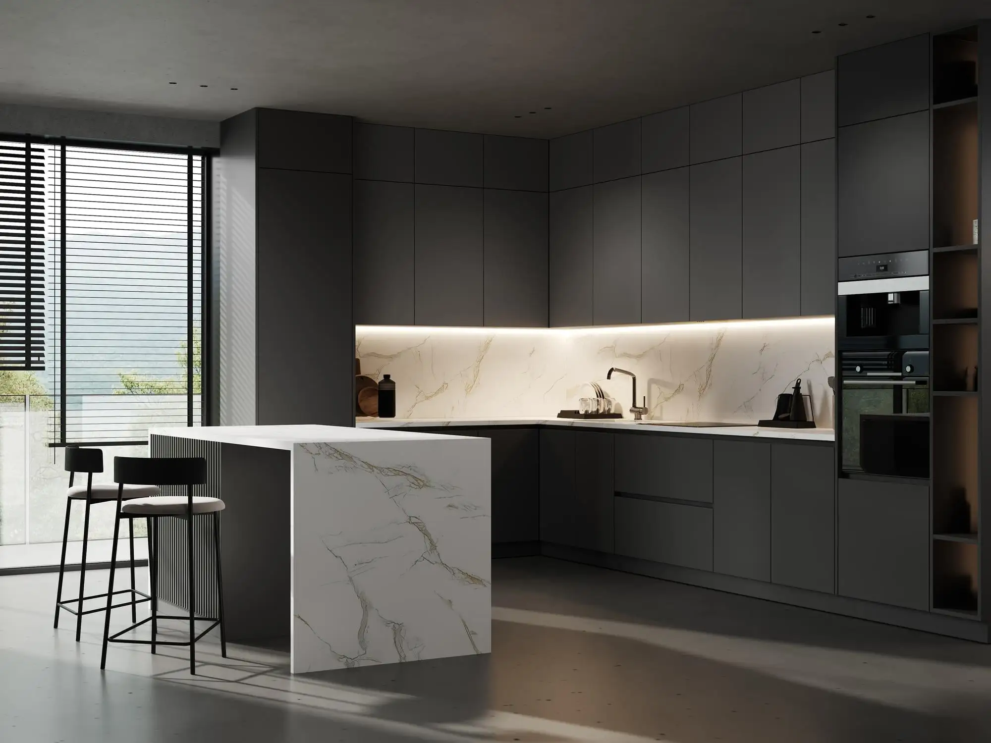 marble kitchen island and dark kitchen cabinets