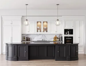 black and white kitchen cabinets with black countertop