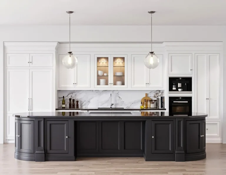 gabinetes de cocina en blanco y negro con encimera negra