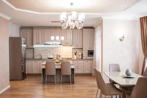 white kitchen with glass tile