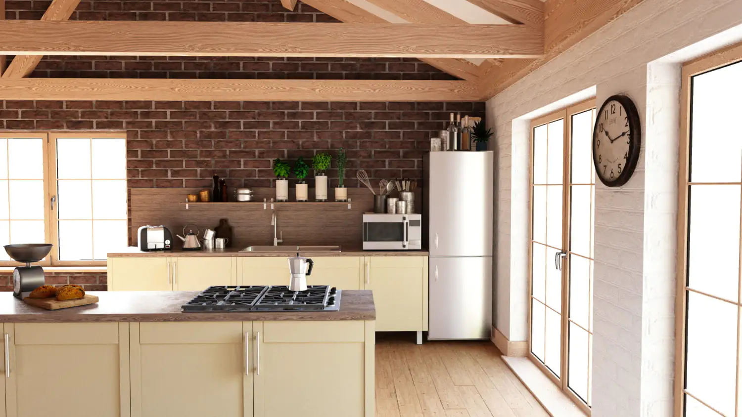 Bold Terra Cotta With Cream Kitchen Cabinets