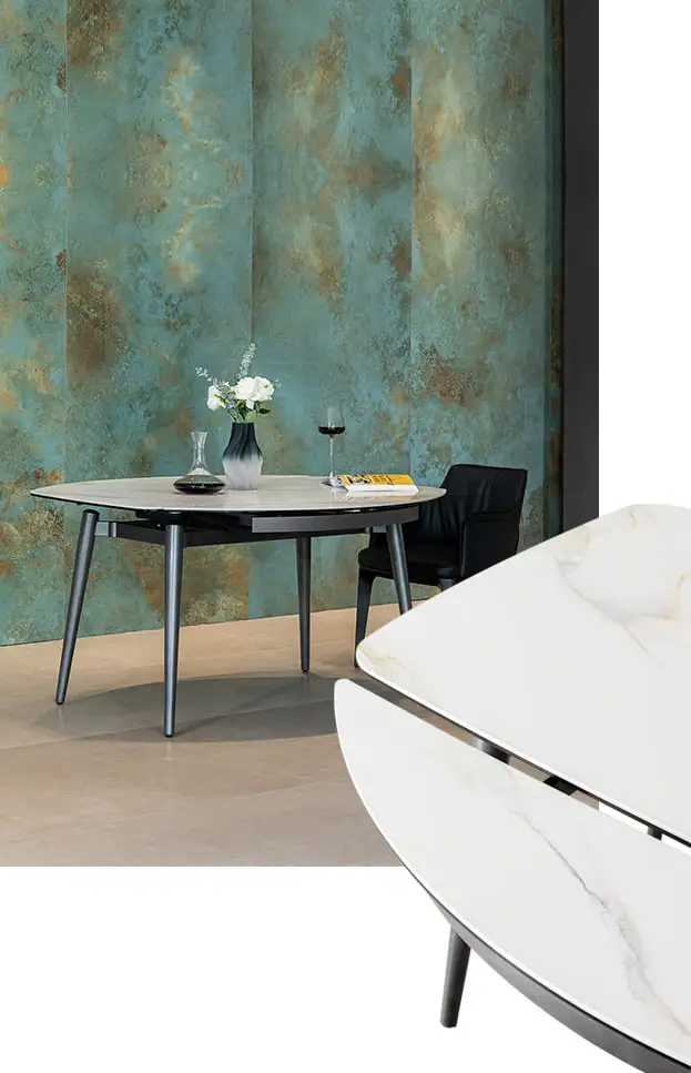 Ceramic Extendable Table A sleek and versatile table made of ceramic material perfect for adjusting its size to accommodate different needs