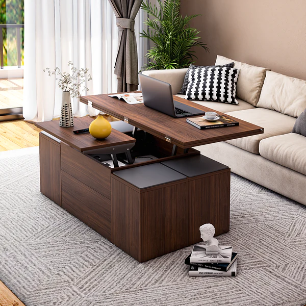 Convertible coffee table in a living room extended to dining height with storage compartments visible