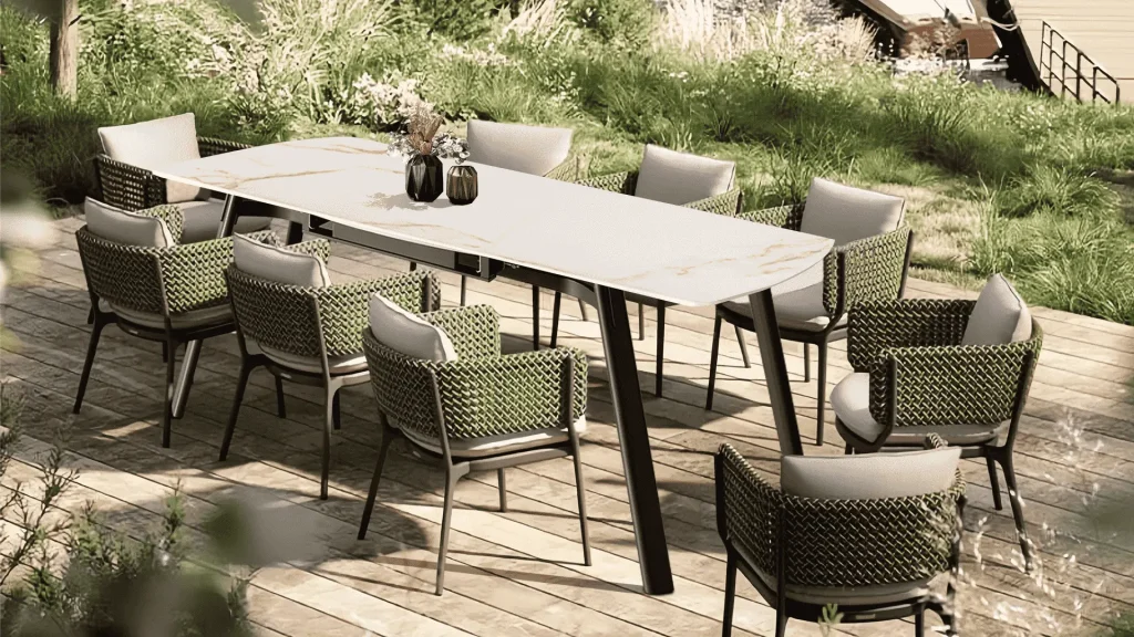 Elegant oval extendable dining table set with beige chairs in a modern home