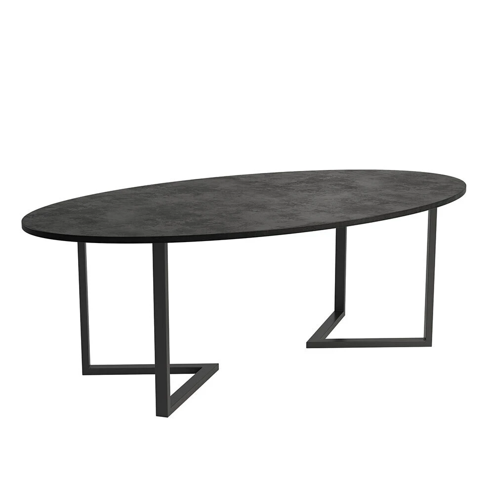 Oval concrete dining table with a minimalist black metal base for a modern industrial look