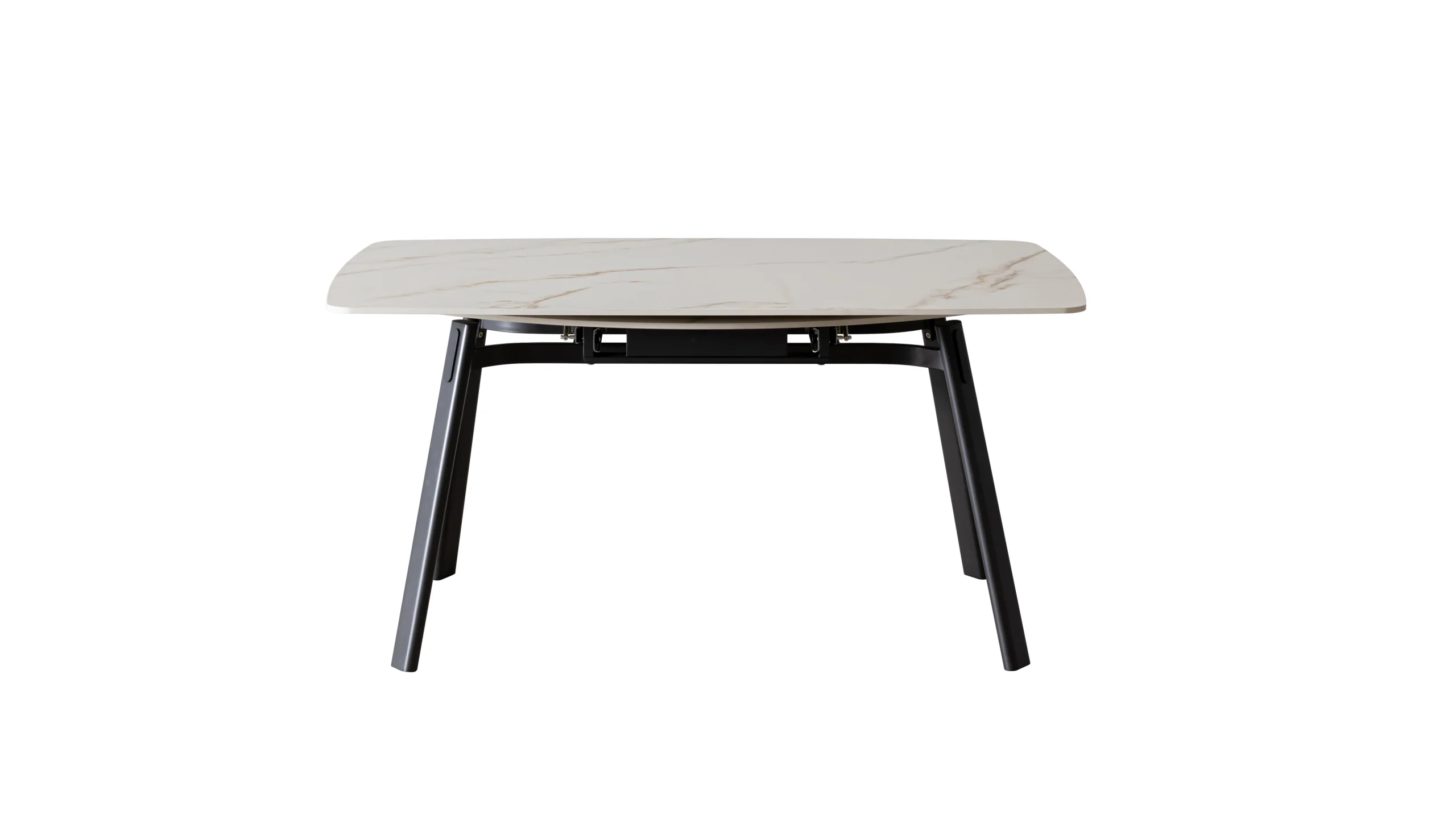 Oval extendable dining table with white marble top and sleek black legs