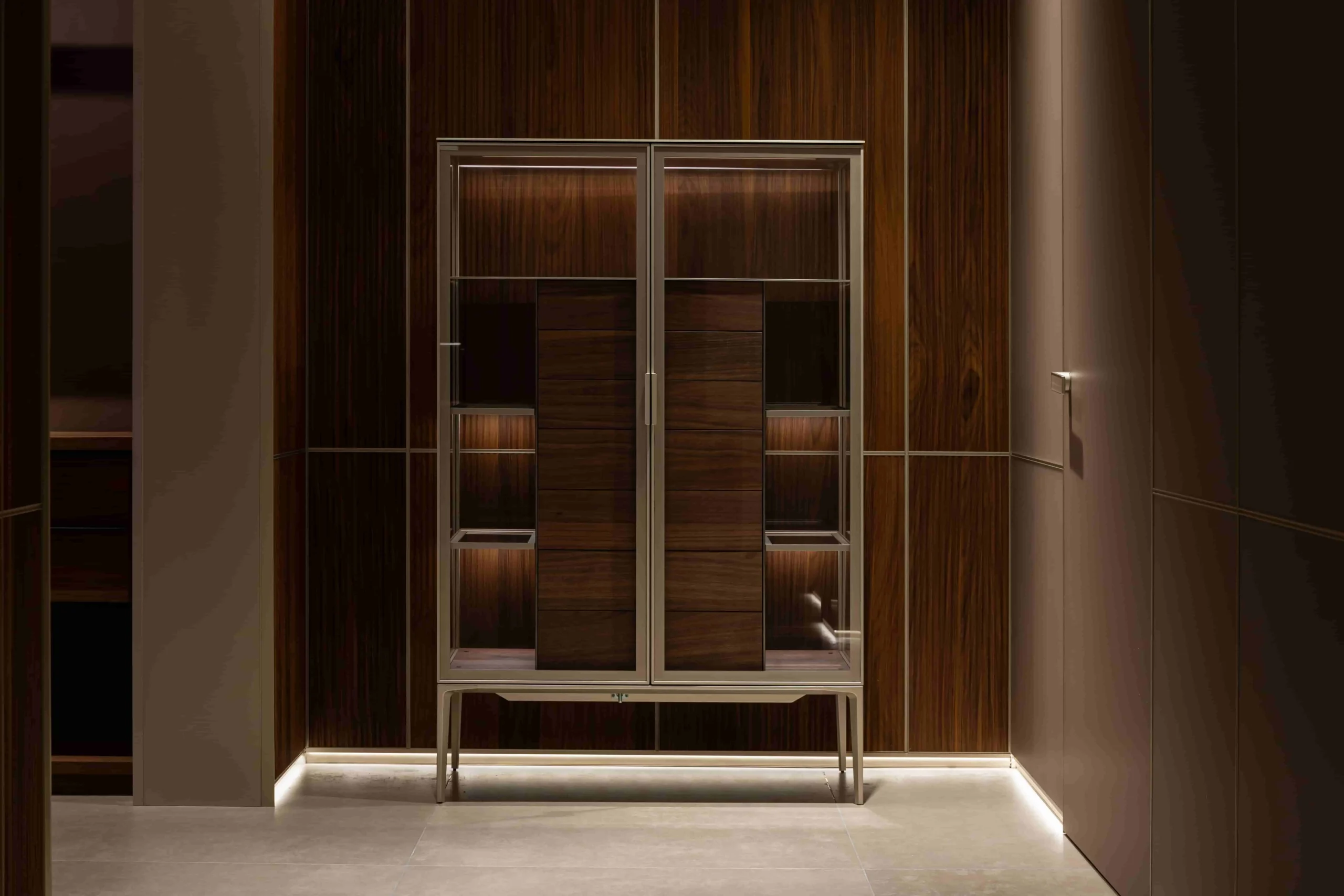 Elegant tall sideboard with drawers featuring glass panels and wood finish ideal for a sophisticated storage solution