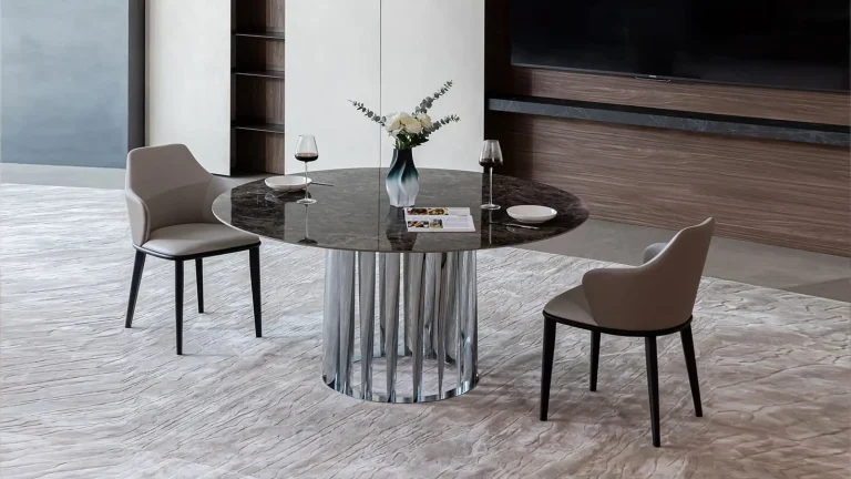 Sleek oval table with a modern design paired with stylish chairs in a contemporary setting perfect for sophisticated dining experiences