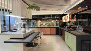 1Elegant bar area with a ceiling mural glass decor and bar items