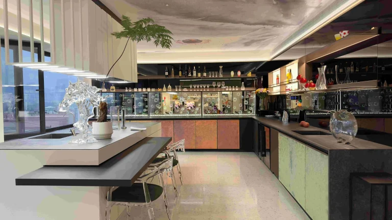 1Elegant bar area with a ceiling mural glass decor and bar items