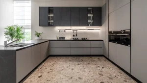 1Modern kitchen with grey cabinets and integrated appliances