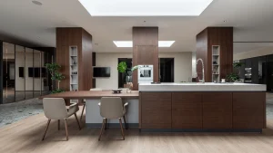 1Spacious kitchen with a central island and built in appliances