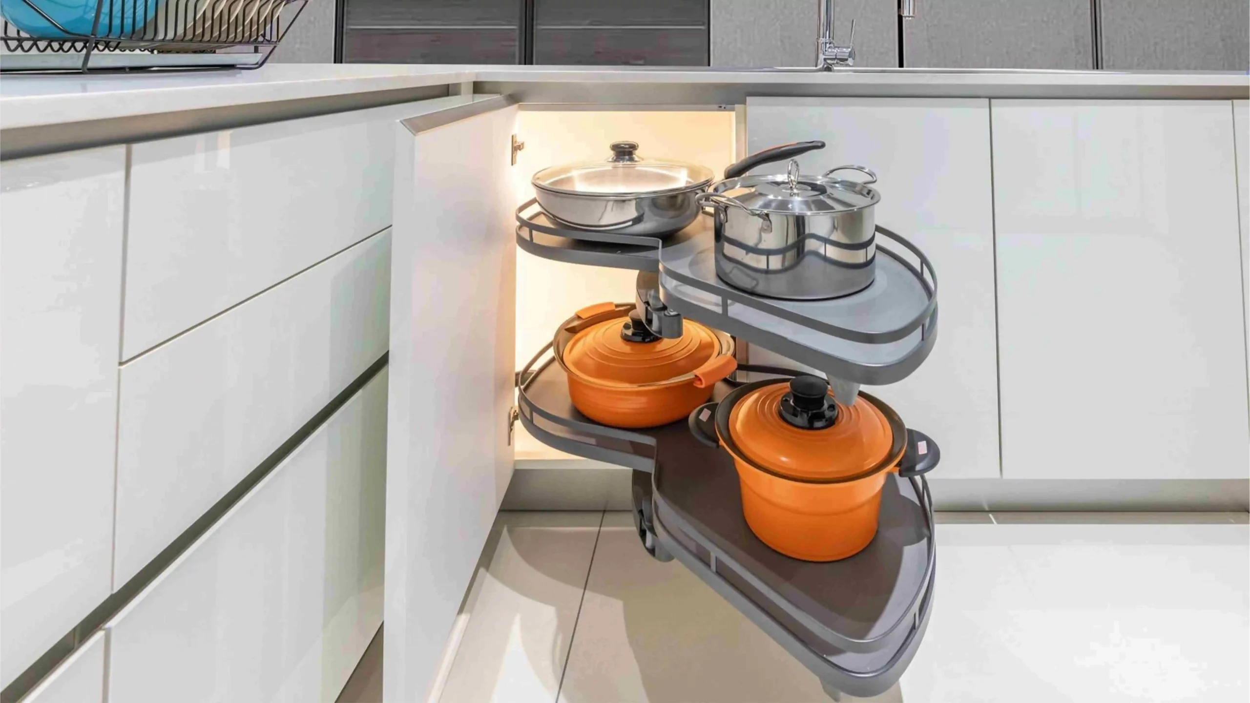 Corner kitchen cabinet with pull out shelves for pots and pans
