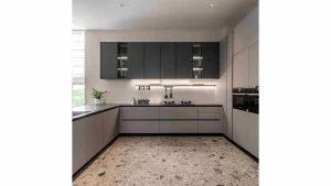 Elegant kitchen with black and grey cabinets and marble floor
