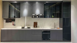 Modern kitchen with gray cabinets and sleek appliances