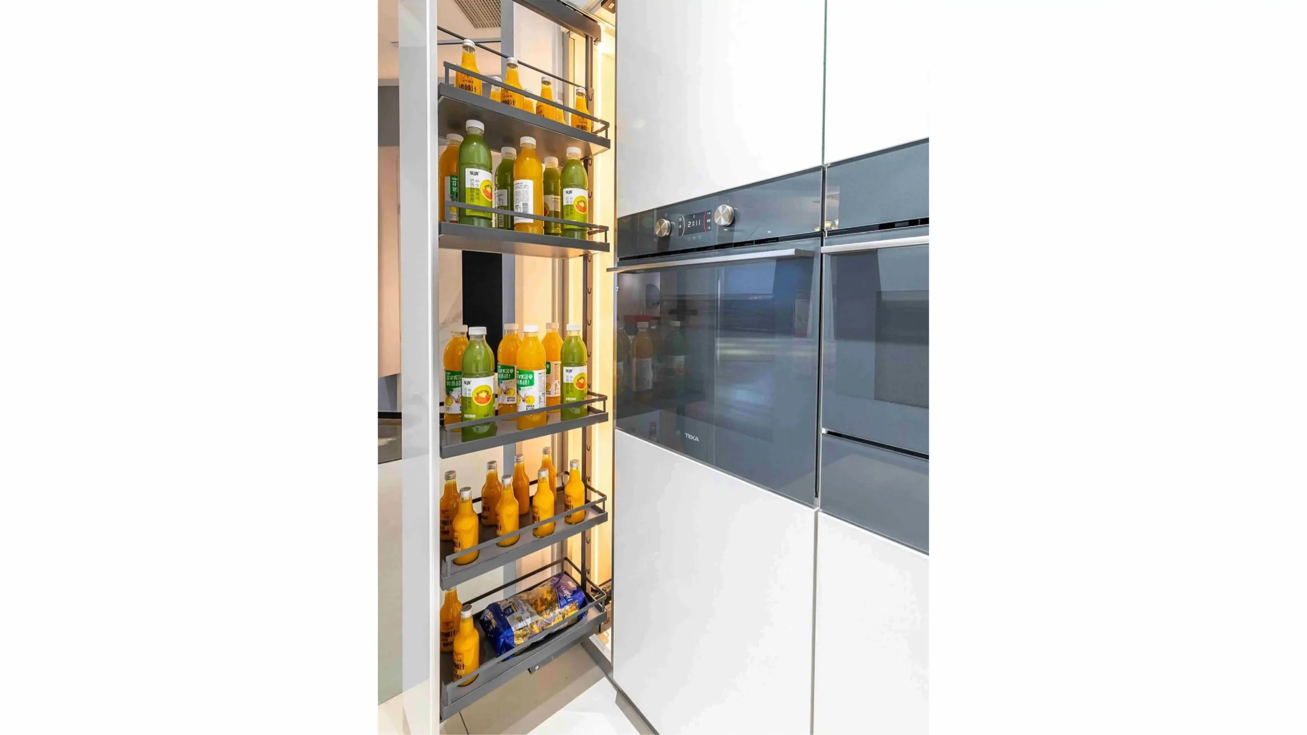 Tall slim pull out pantry with organized beverage storage