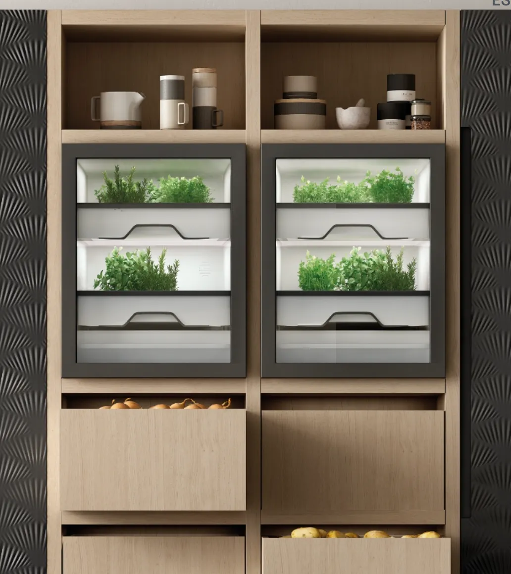 This image features a modern kitchen setup with built in herb growers open shelves for storage and wooden drawers for fresh produce