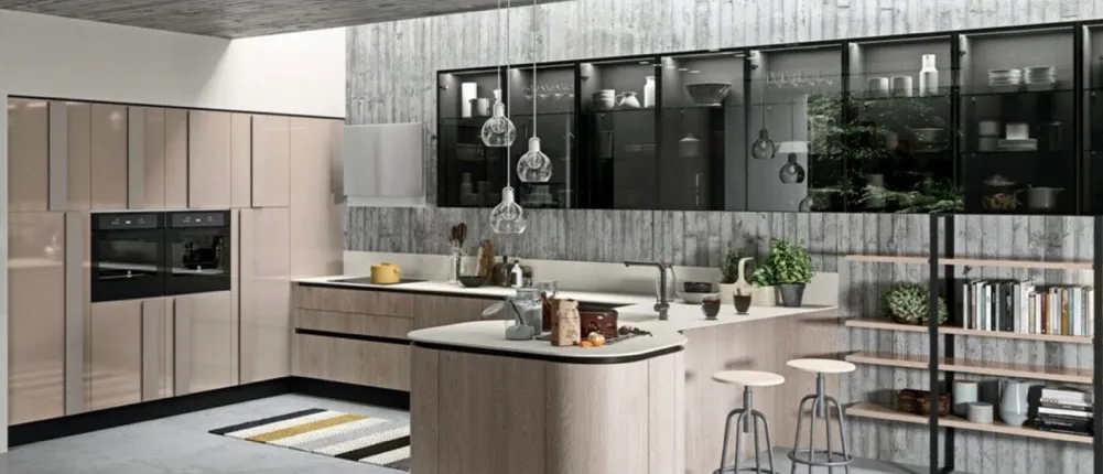 This image features a modern kitchen with a blend of light wood and sleek black accents
