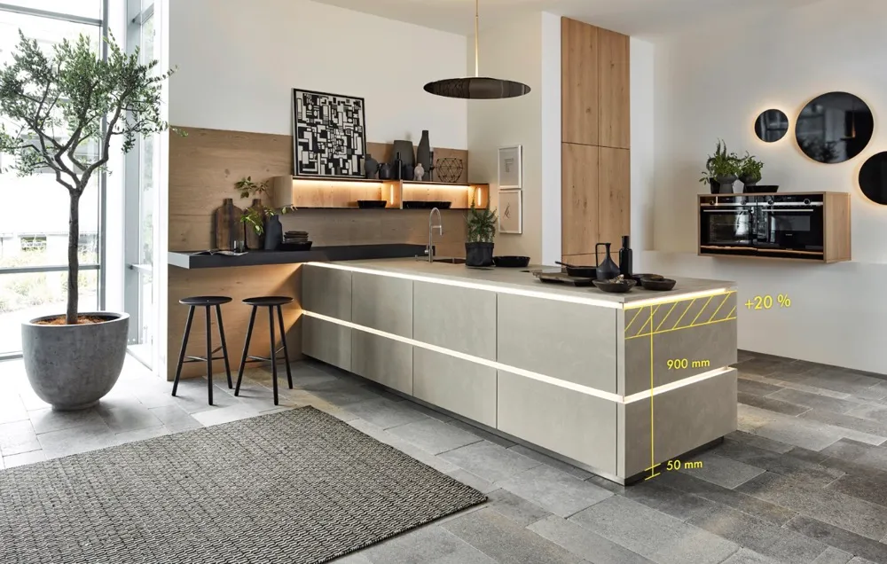 This image features a modern kitchen with a sleek and minimalist design