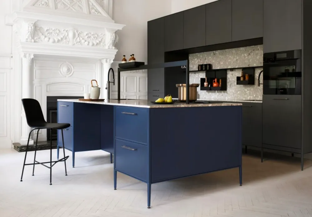 This image features a modern kitchen with a unique blend of classic and contemporary design elements