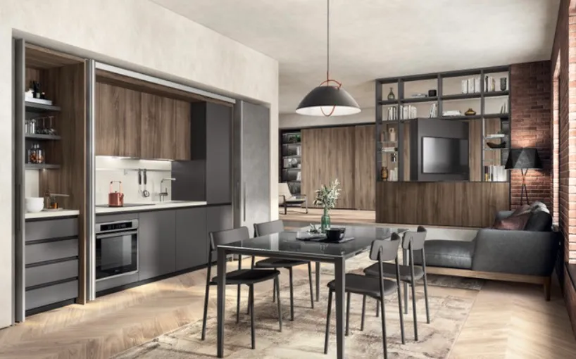 This image features an open concept kitchen and living area with a seamless integration of cabinetry and furniture