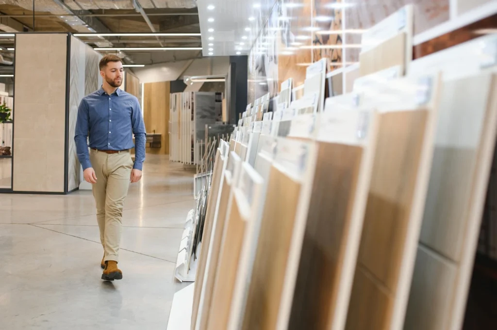 a man walking through a showroom with different furniture materials displayed representing furniture distributor inspection and selection process