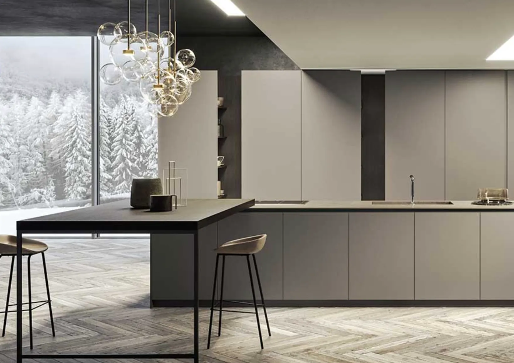 his image showcases a modern kitchen with sleek grey cabinetry minimalist design elements and a stylish light fixture