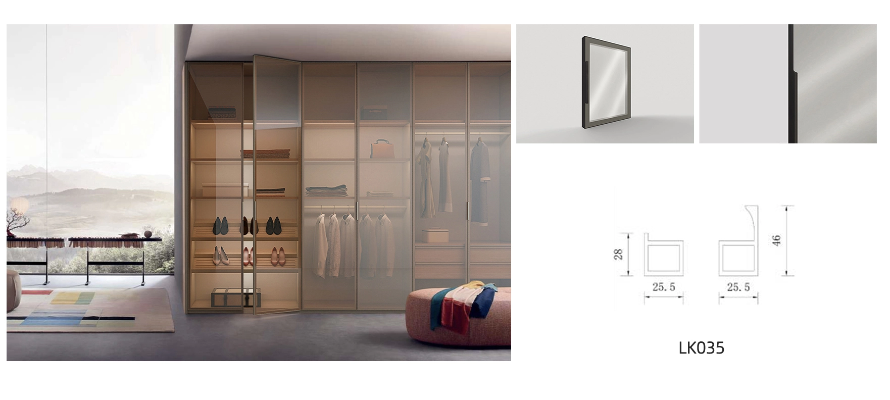 walk in closet glass door model 035 with details and dimension