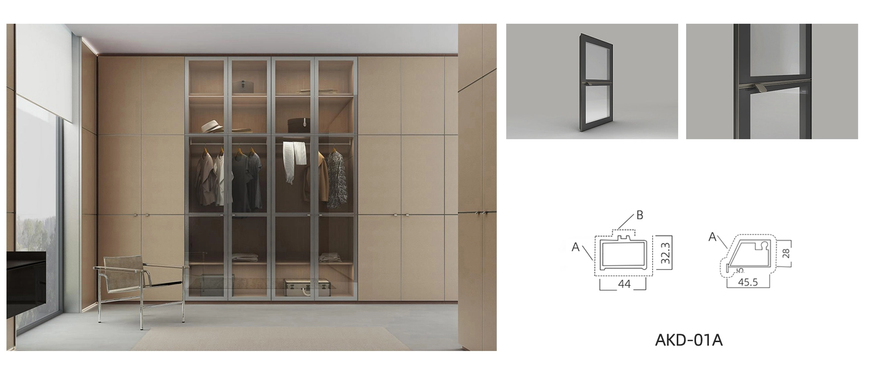 walk in closet glass door model AKD 01A with details and dimension