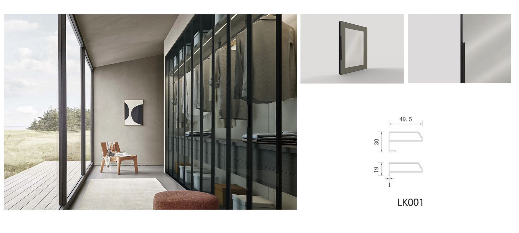 walk in closet glass door model LK001 with details and dimension