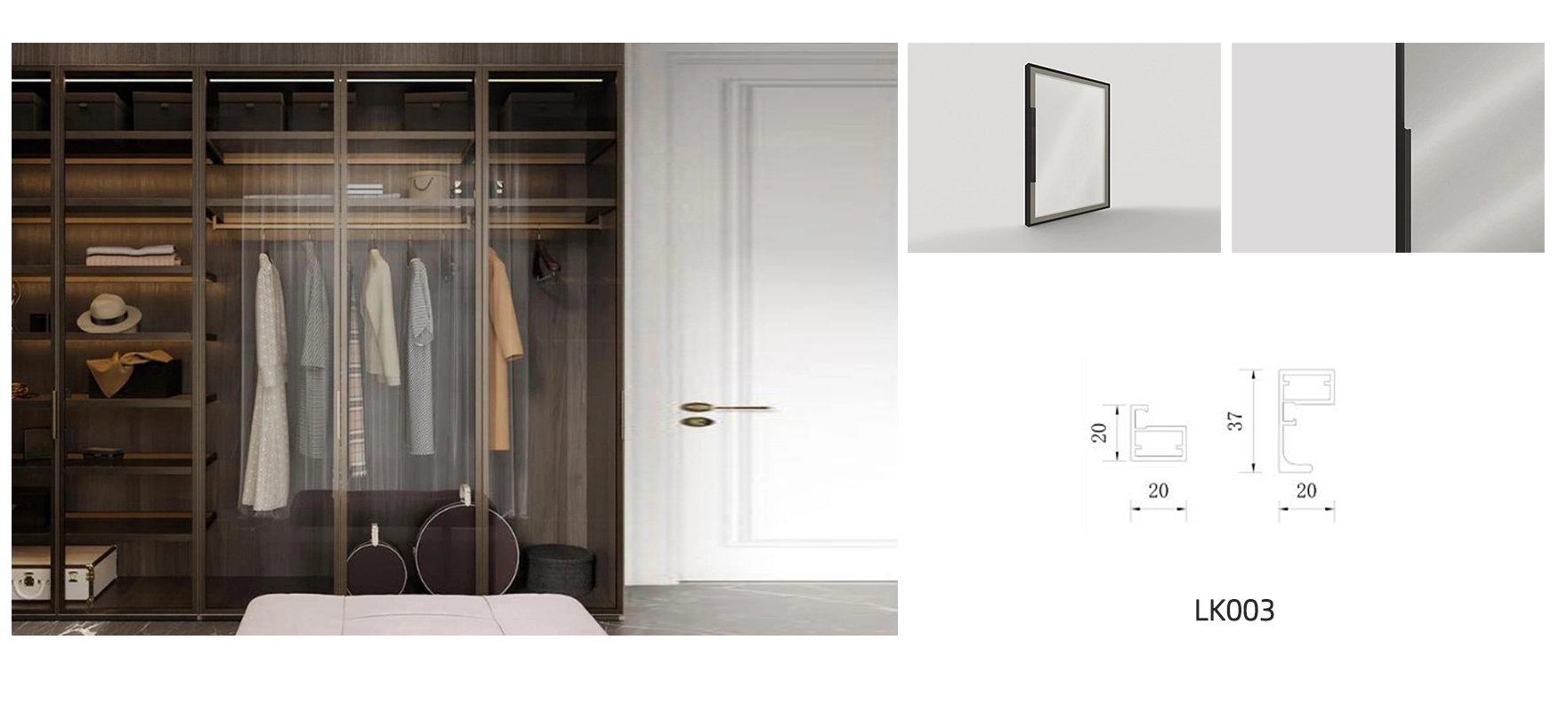 walk in closet glass door model LK003 with details and dimension
