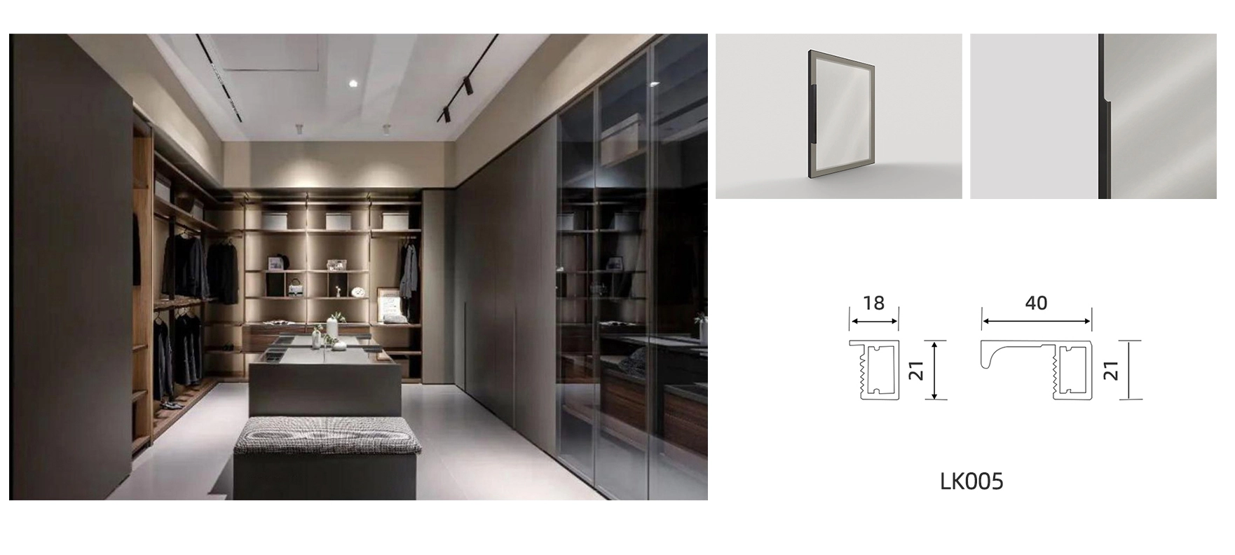 walk in closet glass door model LK005 with details and dimension