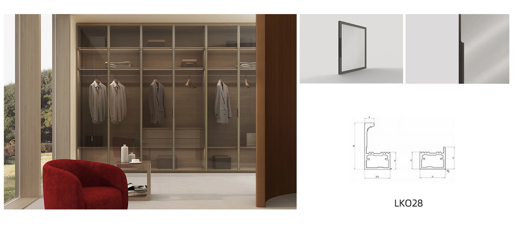 walk in closet glass door model LK028 with details and dimension