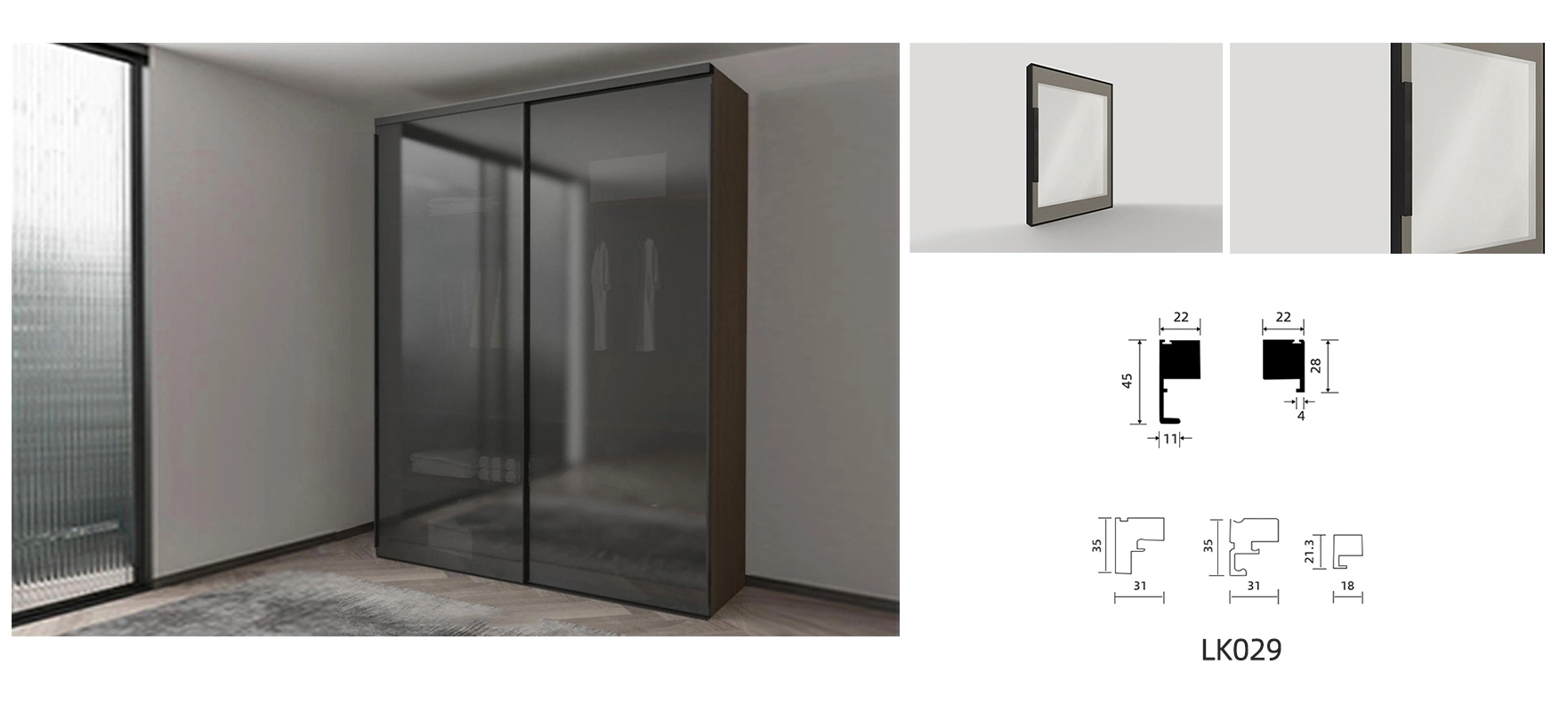 walk in closet glass door model YM101 with details and dimension