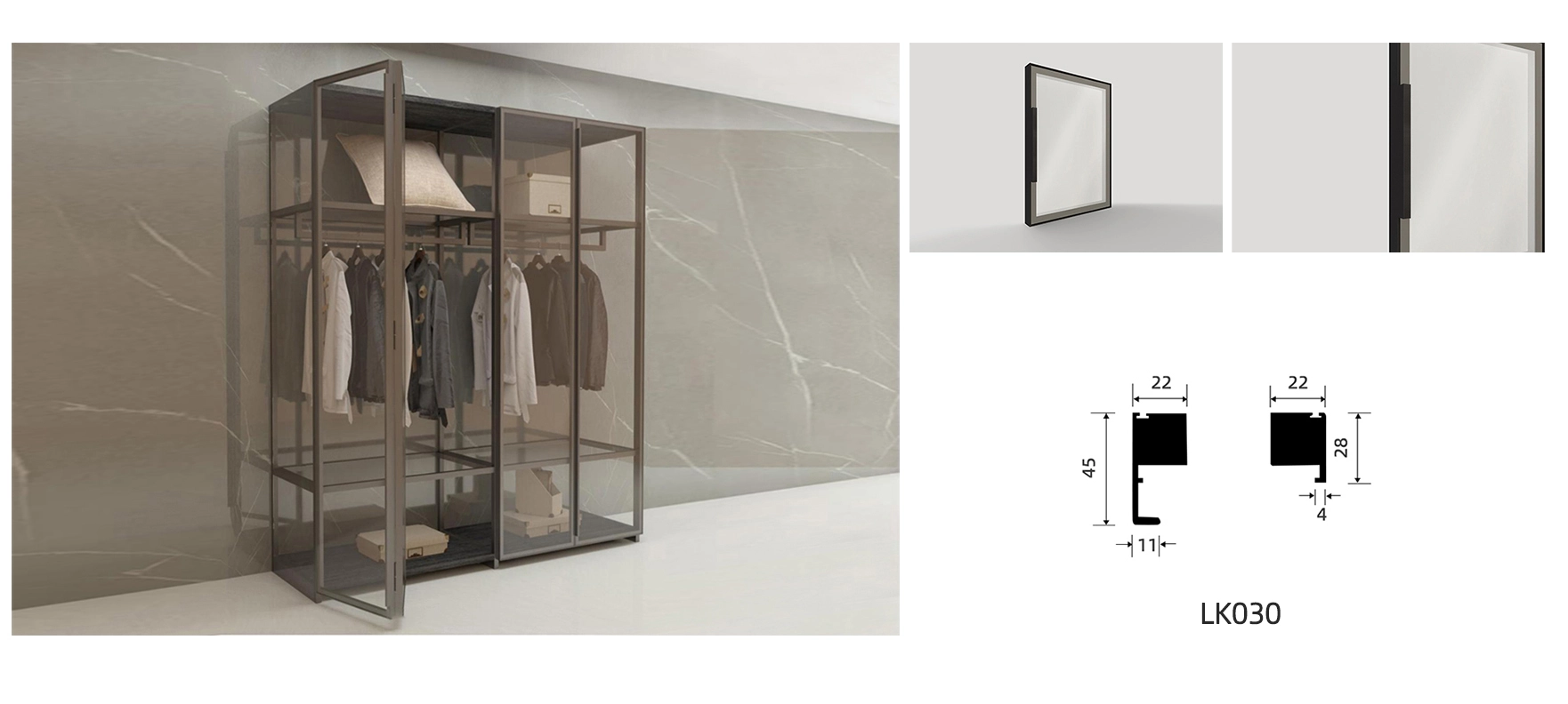 walk in closet glass door model YM102 with details and dimension