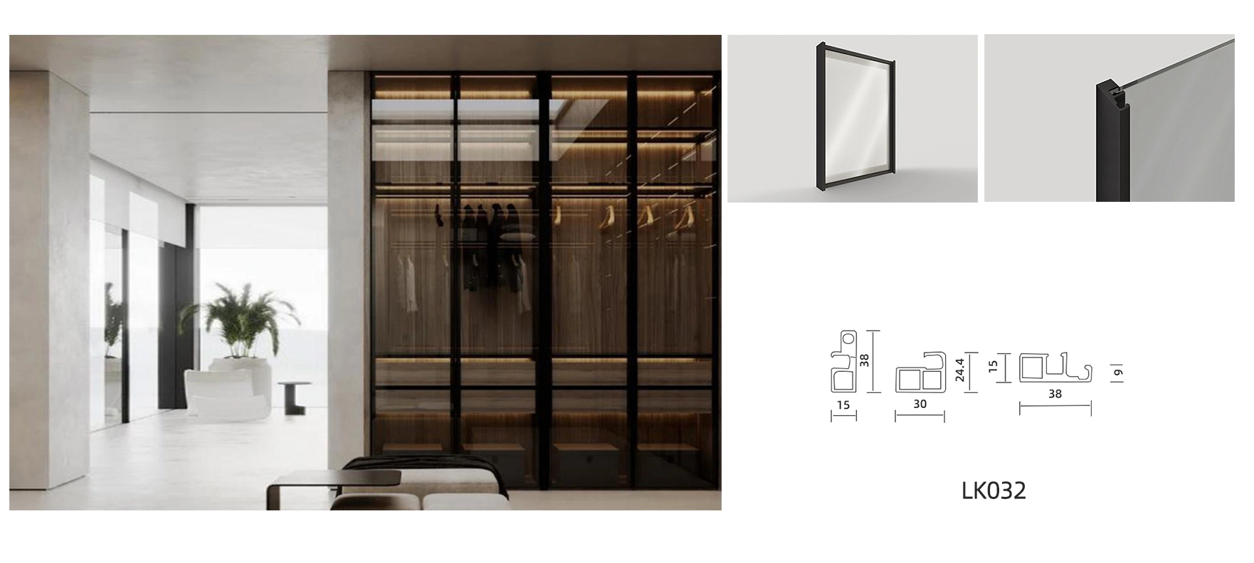 walk in closet glass door model lk032 with details and dimension