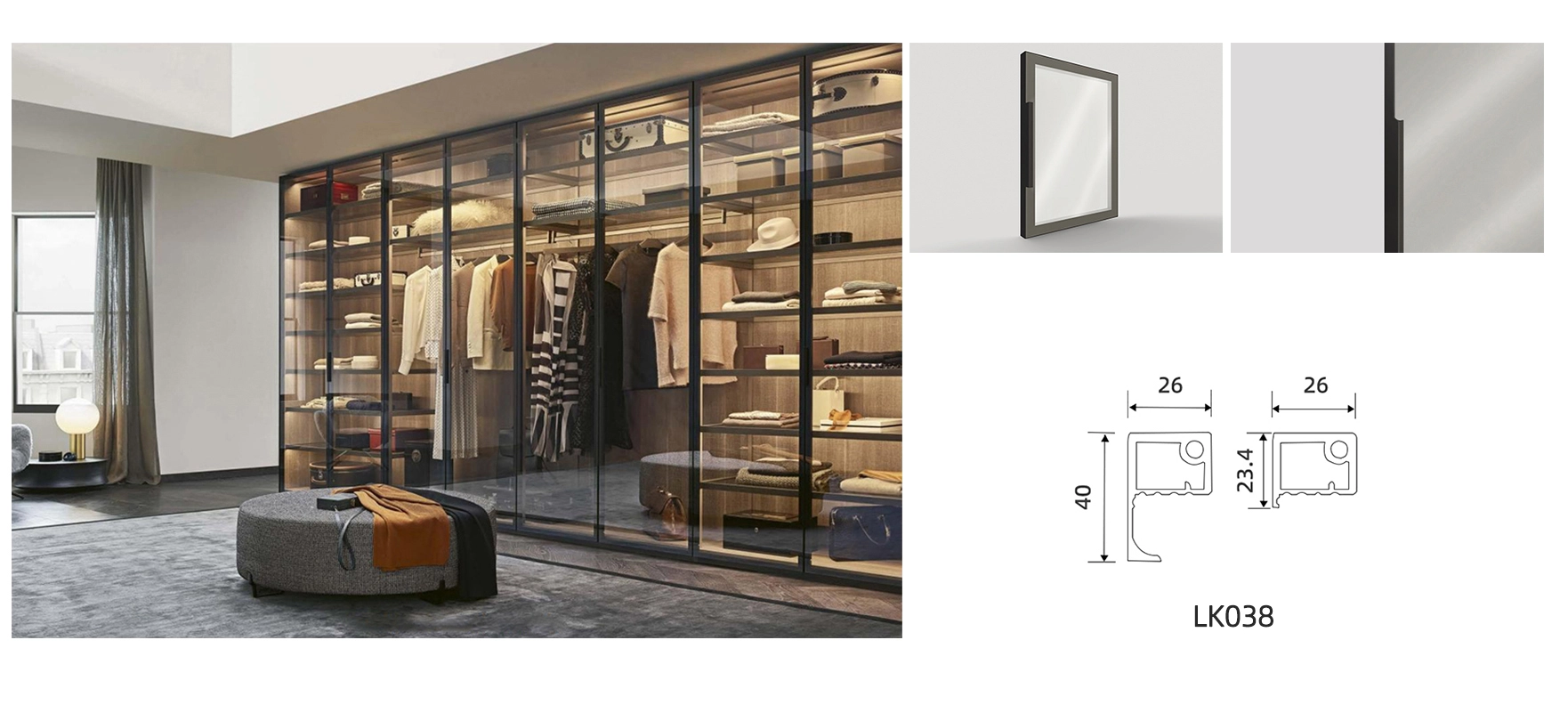 walk in closet glass door model lk038 with details and dimension