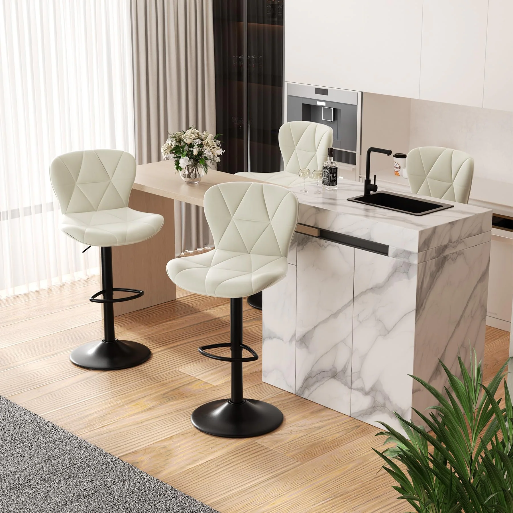 Bar stools with leather wrapped details in a modern kitchen Bar stools with leather wrapped details in a modern kitchen