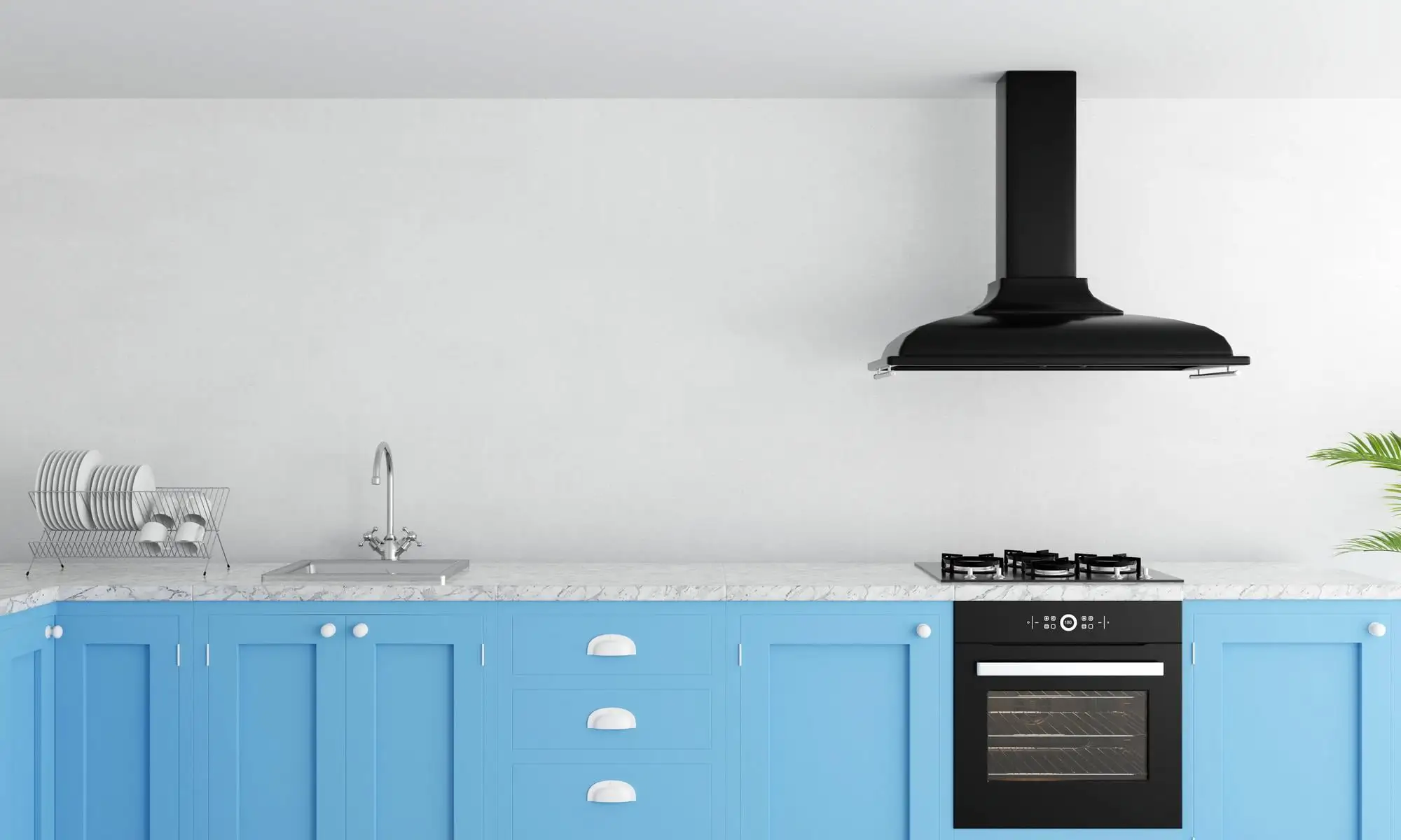 Bright kitchen with light blue cabinets marble countertops and a black range hood