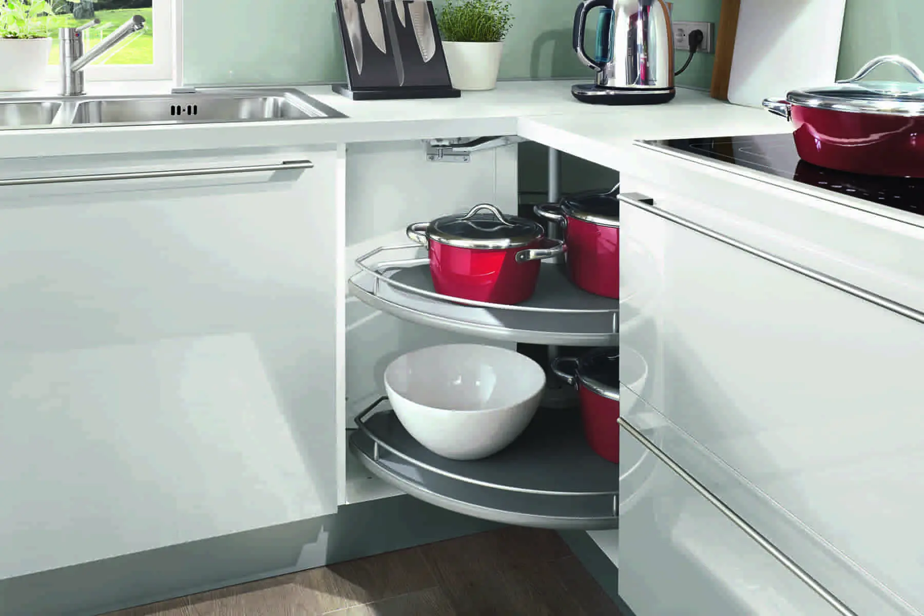 Corner cabinet carousels optimize storage in small kitchens
