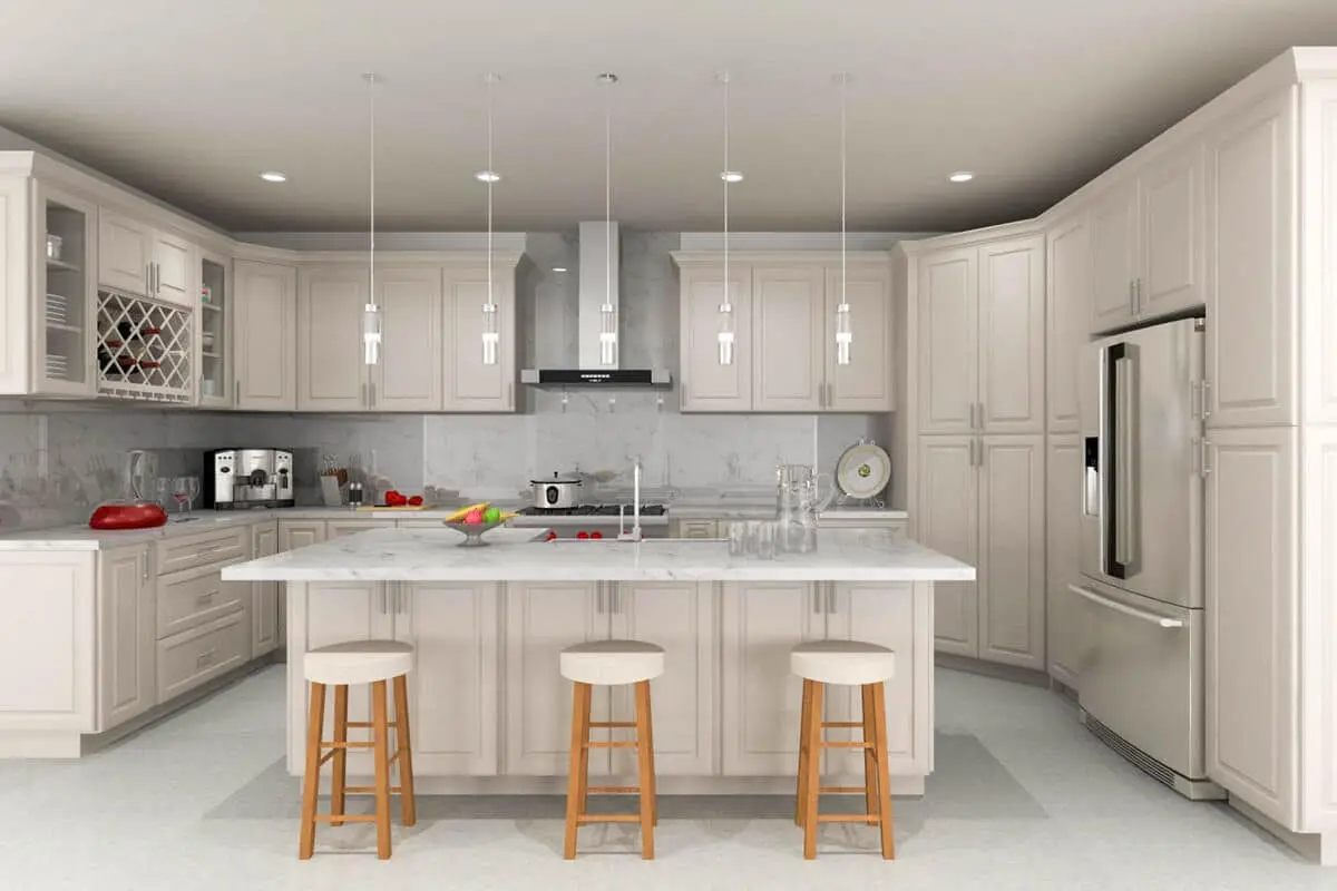 Elegant taupe kitchen cabinets with glass doors and chandelier lighting Elegant taupe kitchen cabinets with glass doors and chandelier lighting