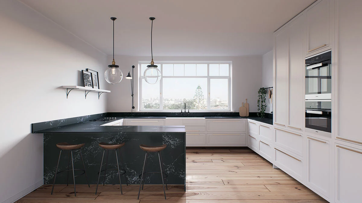 Kitchen with matte black countertops and white cabinets Kitchen with matte black countertops and white cabinets