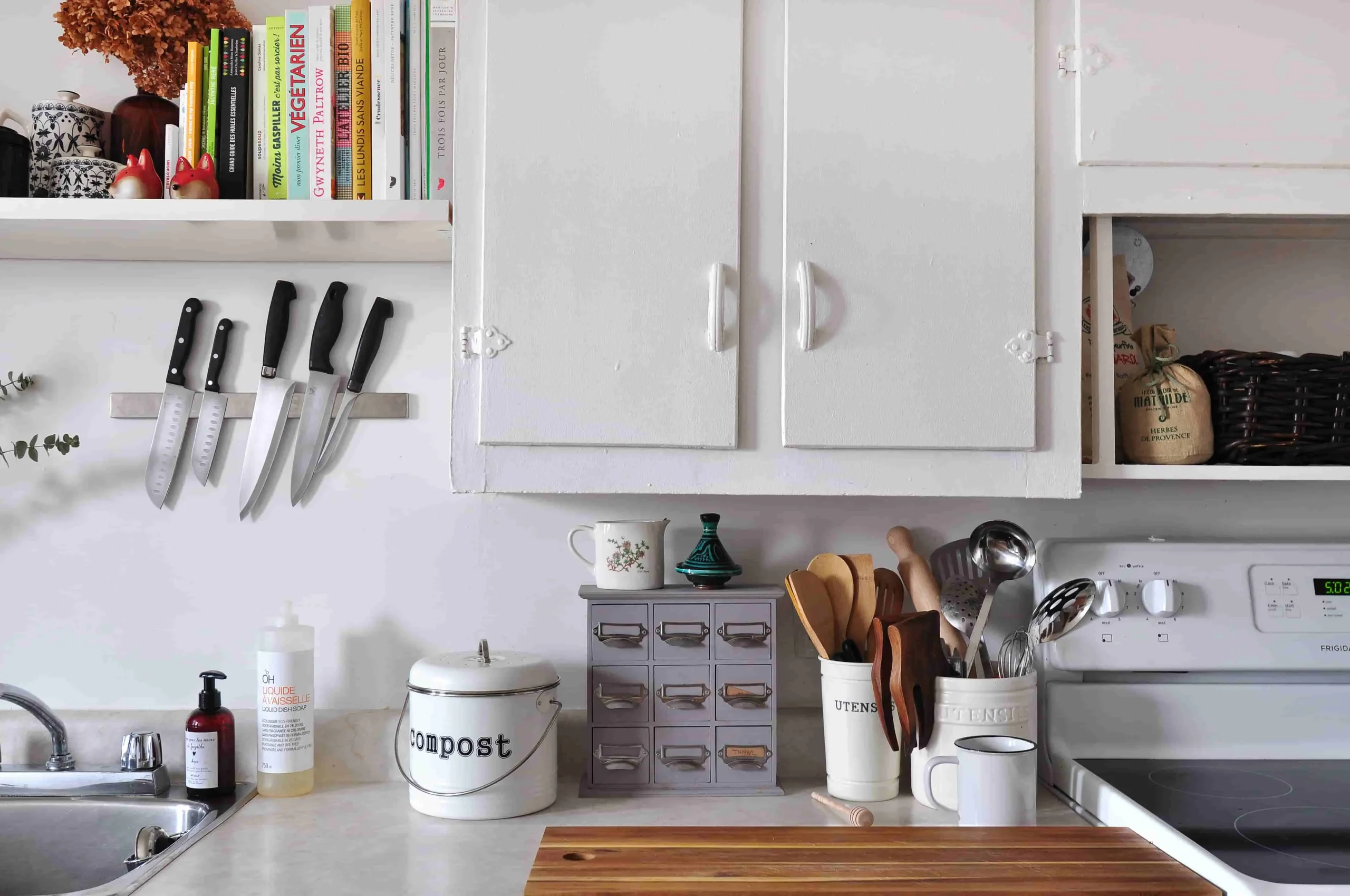 Magnetic knife strips provide convenient storage in small kitchens