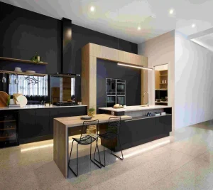 Modern dark kitchen cabinets with wood accents and minimalist open shelving